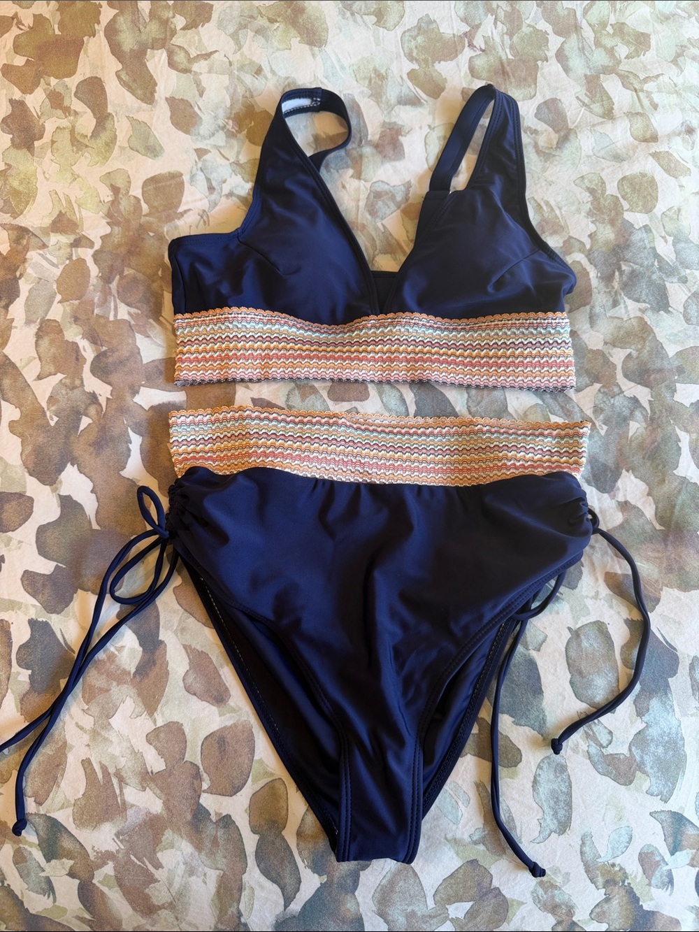 Navy Two-Piece Bikini with Multicolor Chevron Band brand new, never worn
